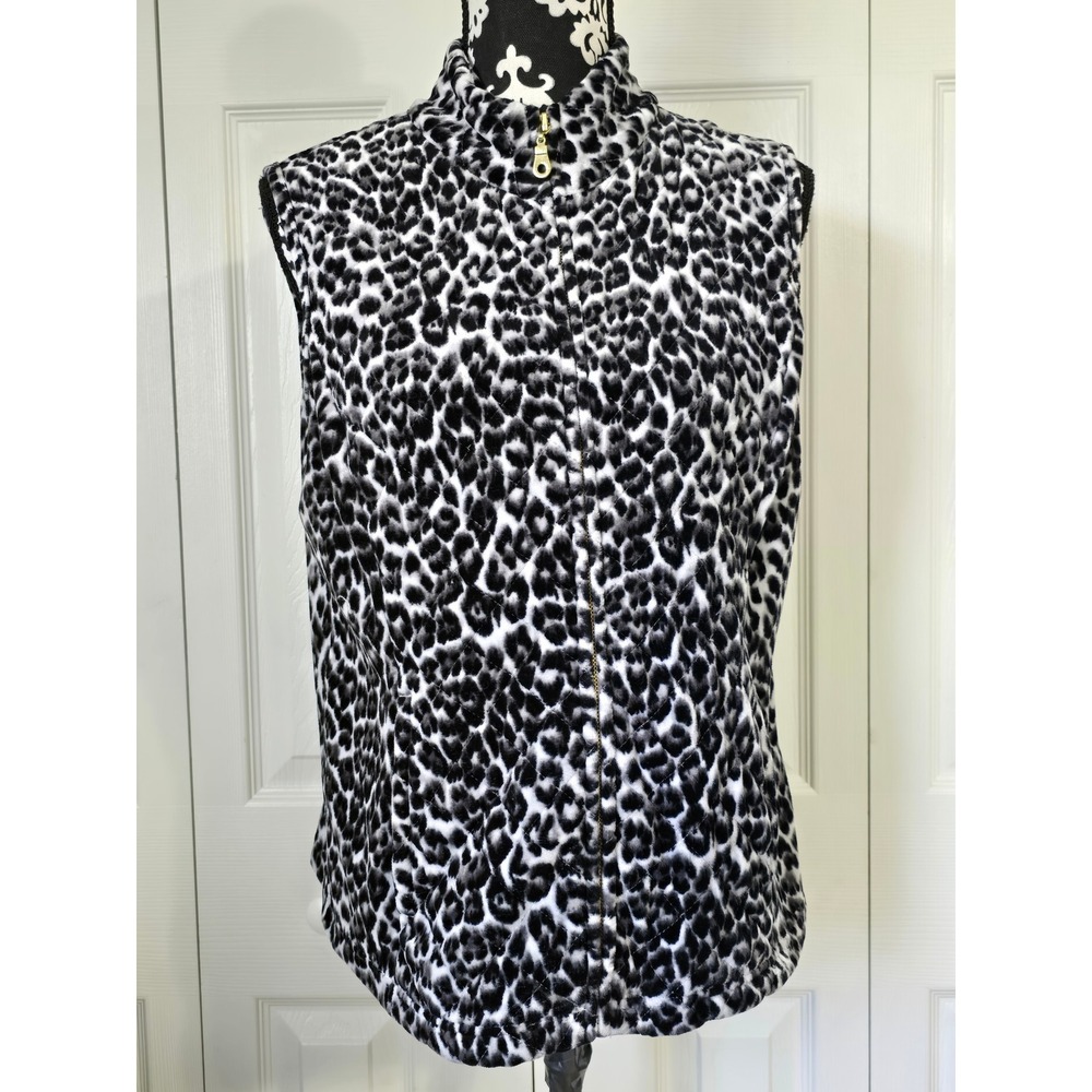 Charter Club Womens Leopard Print Quilted Vest Black White Zip Mock Neck Large